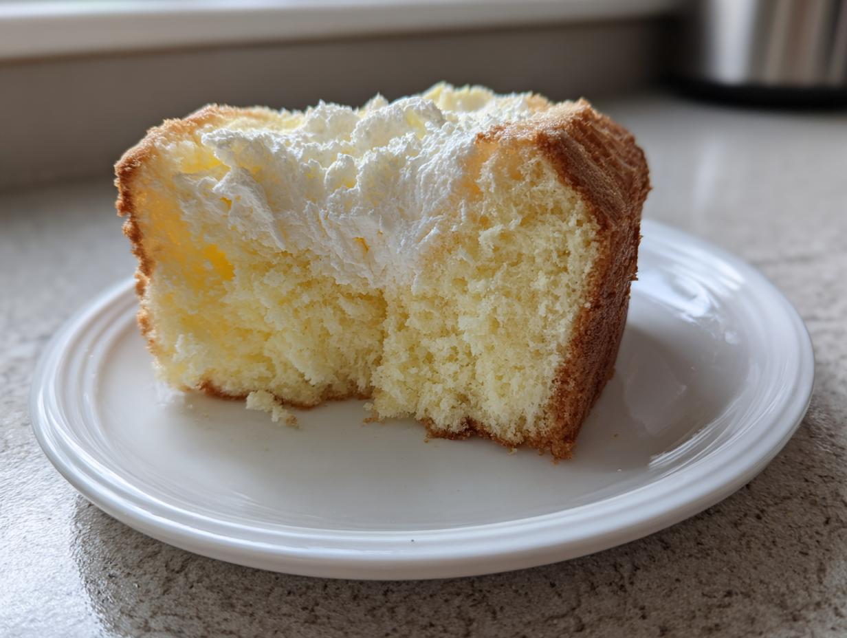 Close-up of a fluffy slice of yellow Daffodil cake topped with white whipped cream, served on a white plate.