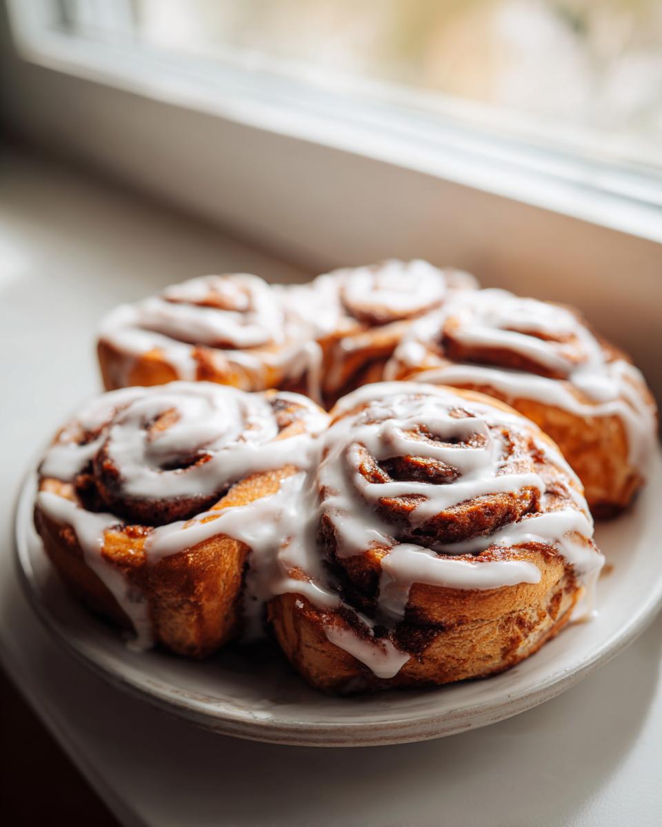 Four freshly baked Protein cinnamon rolls generously topped with white icing, sitting on a plate near a window.