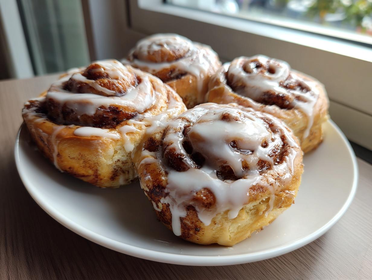 Four freshly baked Protein cinnamon rolls generously topped with white icing, sitting on a white plate near a window.