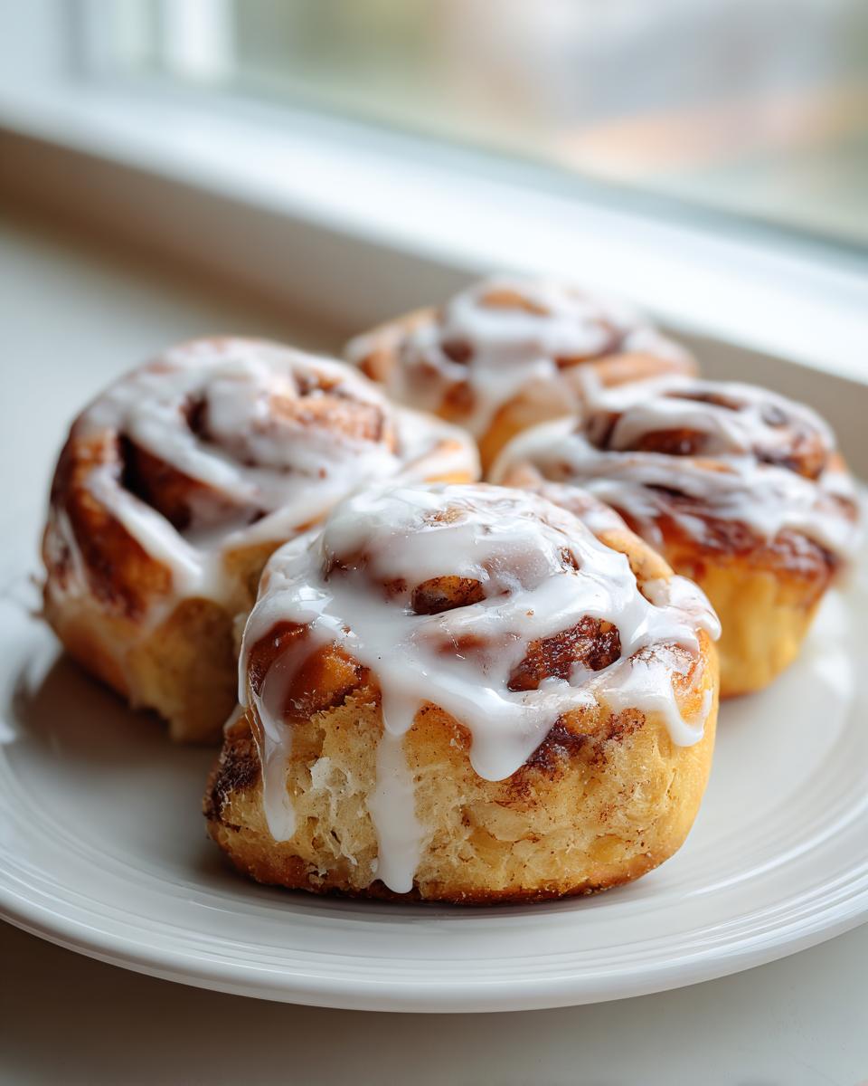 Four freshly baked Protein cinnamon rolls covered in thick white icing, sitting on a white plate near a window.