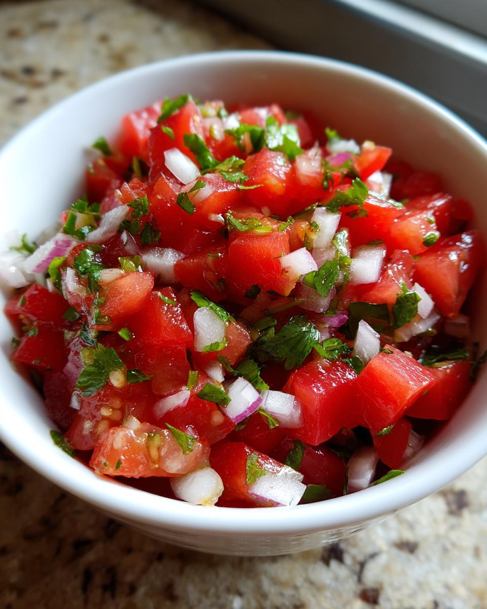 Close-up of fresh Pico de Gallo made with diced tomatoes, white onion, and cilantro in a small white bowl.