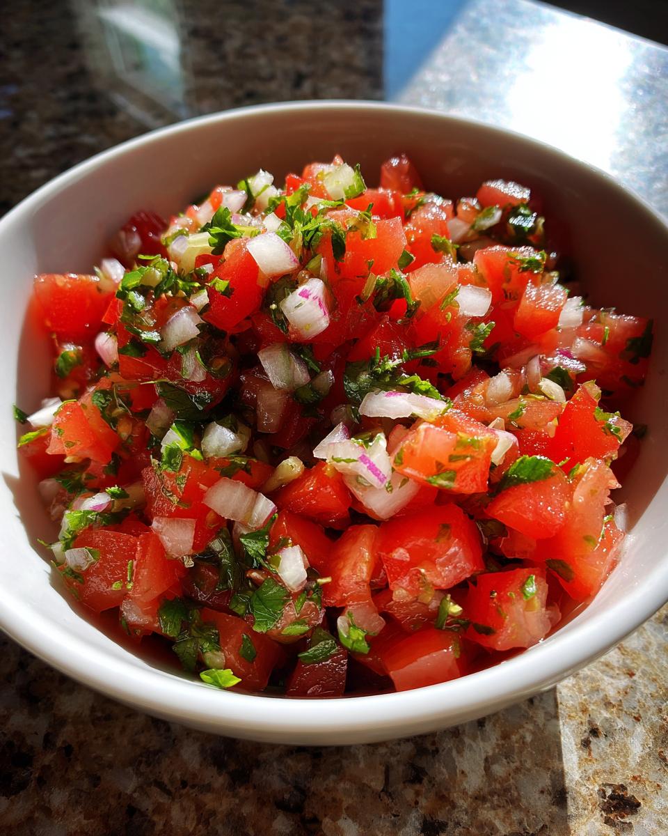 Close-up of vibrant, freshly chopped Pico de Gallo featuring diced tomatoes, white onion, and cilantro in a white bowl.