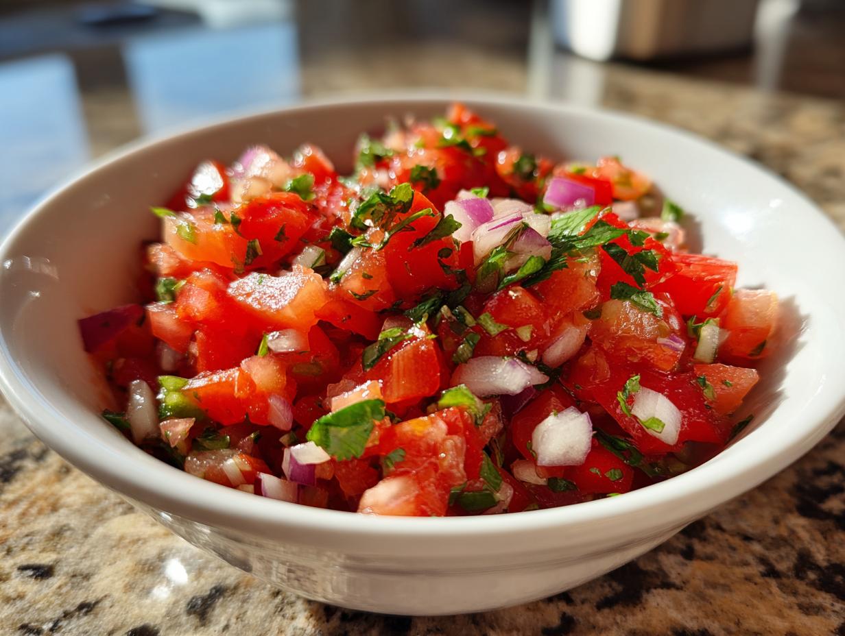 Close-up of vibrant, freshly chopped Pico de Gallo featuring tomatoes, red onion, and cilantro in a white bowl.