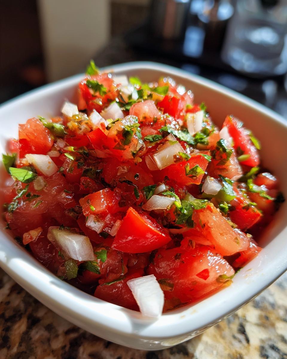 Close-up of vibrant, freshly chopped Pico de Gallo featuring tomatoes, onions, and cilantro in a small white bowl.