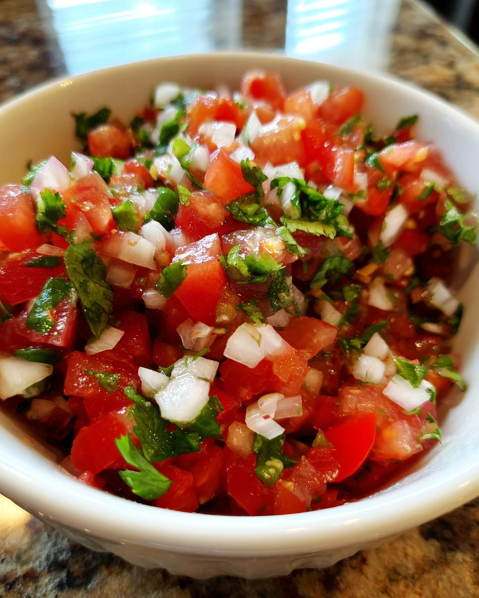 Close-up of fresh Pico de Gallo featuring diced tomatoes, white onion, and cilantro in a white bowl.