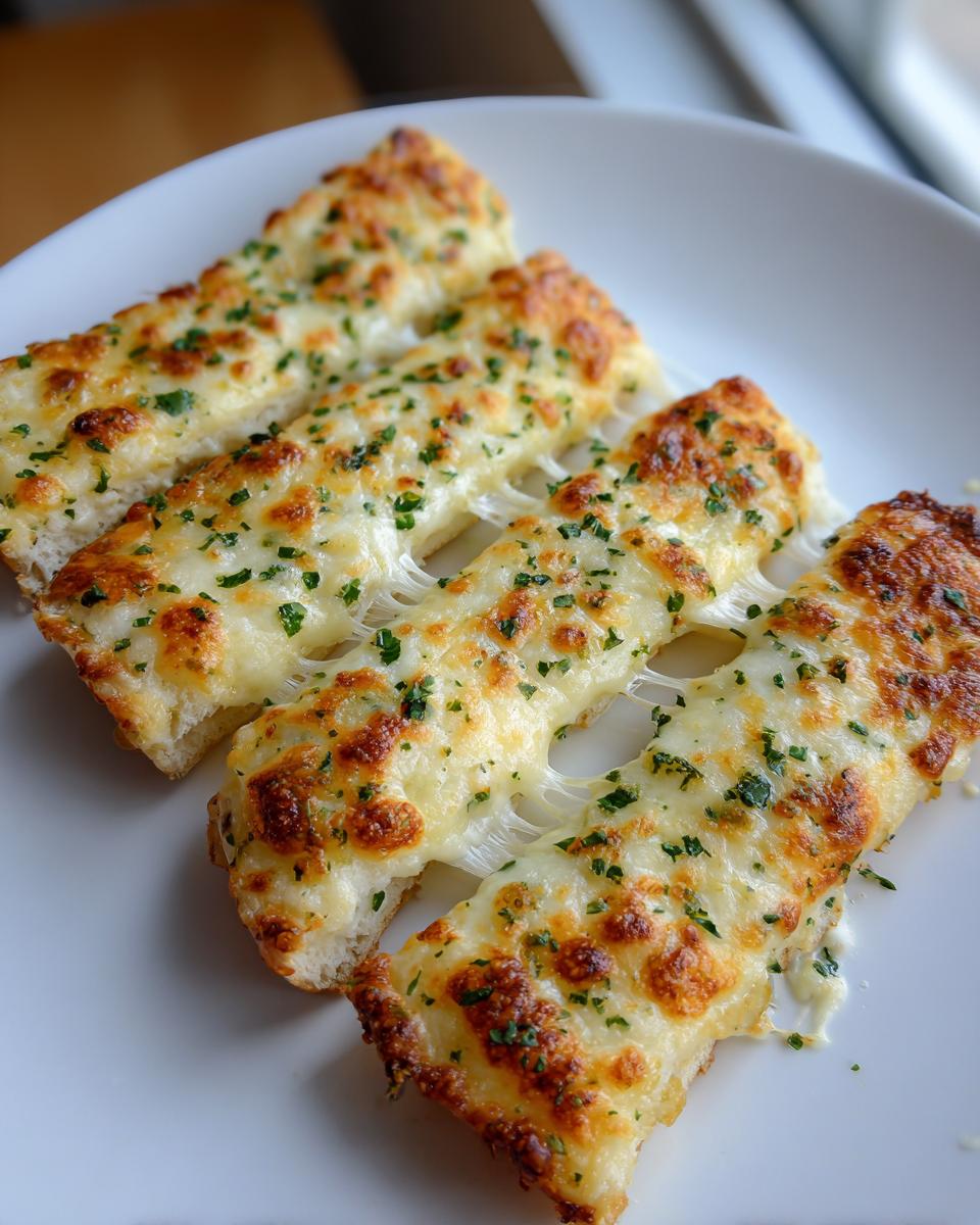 Four strips of cheesy garlic cheesy breadsticks showing a dramatic cheese pull on a white plate.