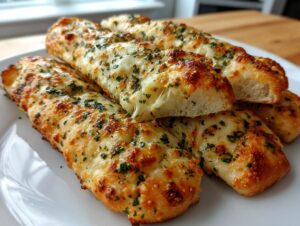 Close-up of several golden brown garlic cheesy breadsticks stacked on a white plate, showing melted cheese and parsley.