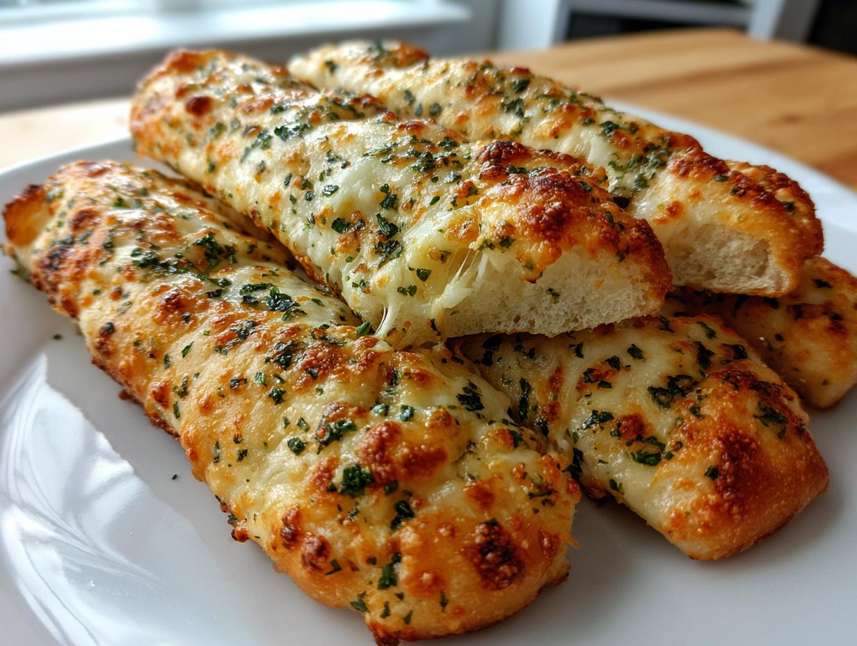 Close-up of several golden brown garlic cheesy breadsticks stacked on a white plate, showing melted cheese and parsley.
