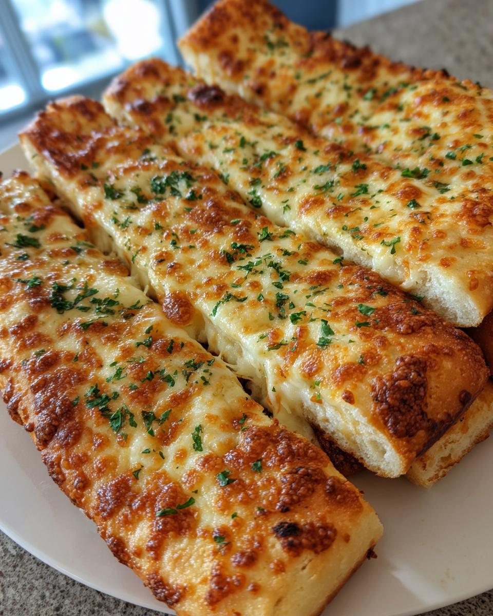Close-up of several golden brown Garlic cheesy breadsticks topped with melted cheese and chopped parsley.