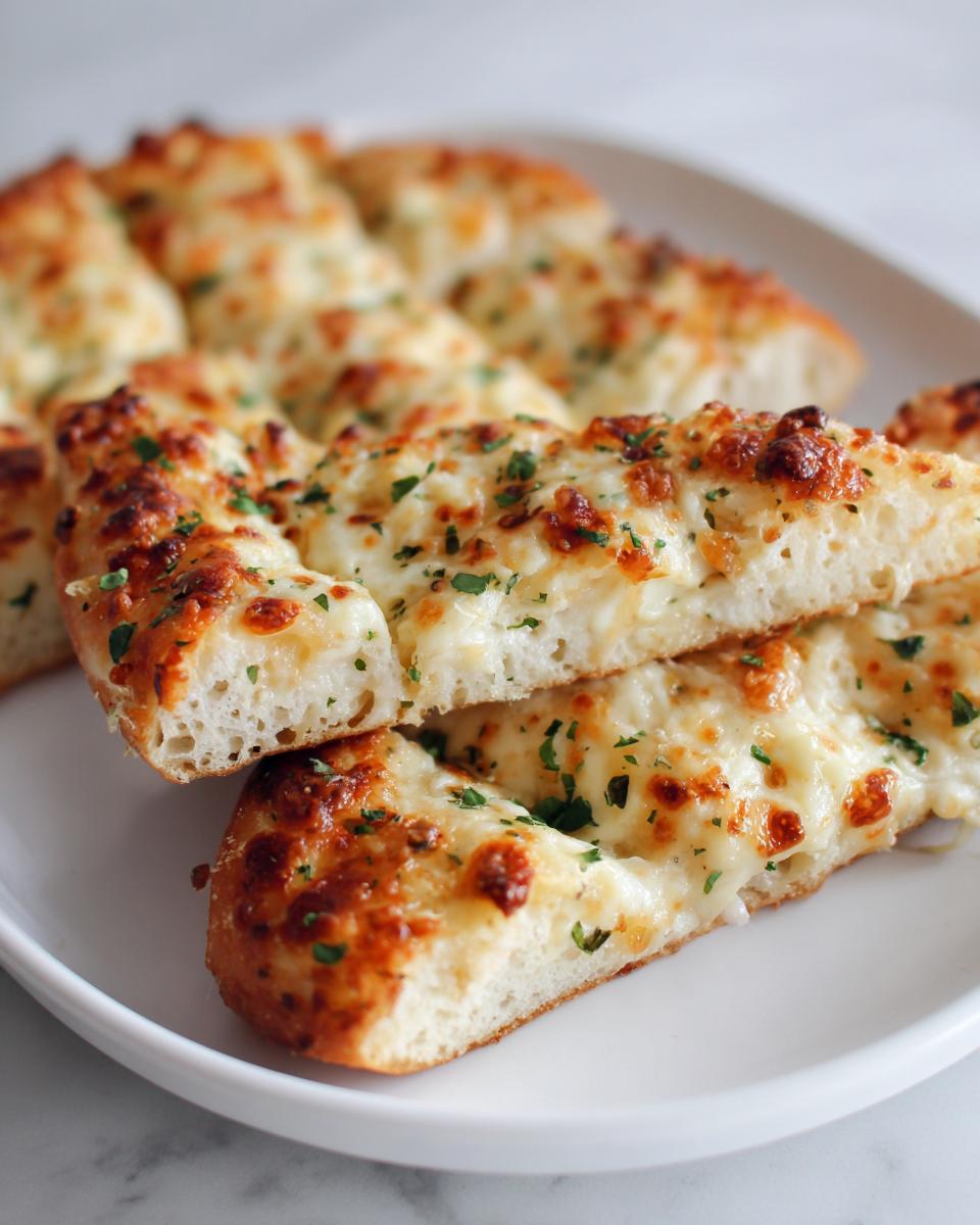 Close-up of several slices of soft, cheesy garlic cheesy breadsticks topped with melted, browned cheese and parsley.