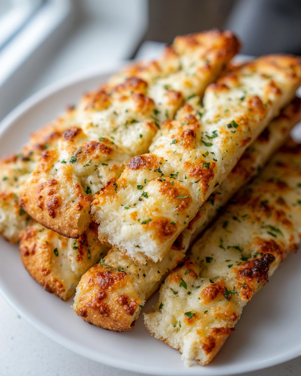A stack of golden brown Garlic cheesy breadsticks topped with melted cheese and fresh parsley on a white plate.