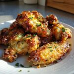 A pile of crispy, golden brown garlic parmesan chicken wings coated in cheese and parsley on a white plate.