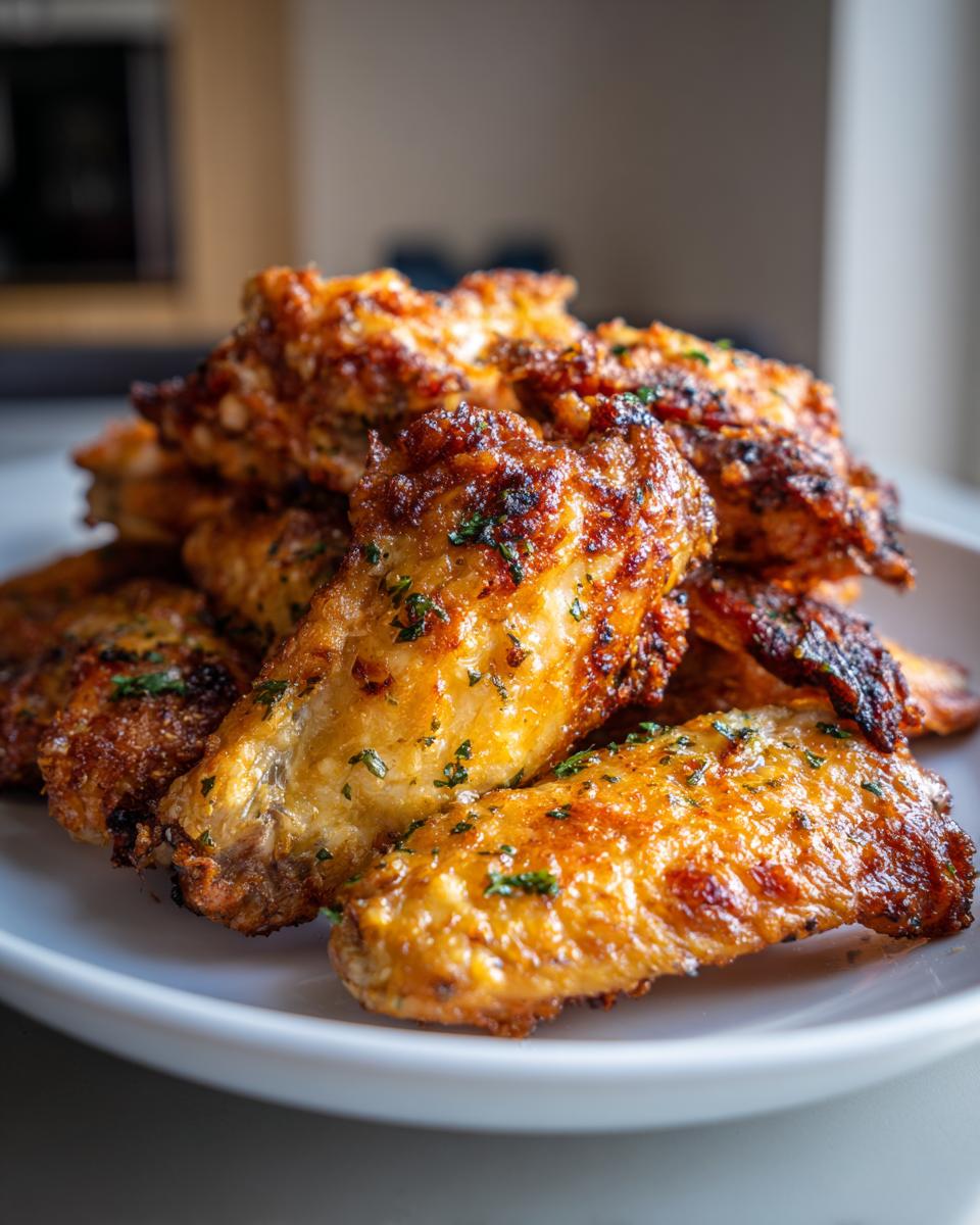 A close-up of a pile of crispy, golden brown Garlic parmesan chicken wings garnished with chopped parsley.