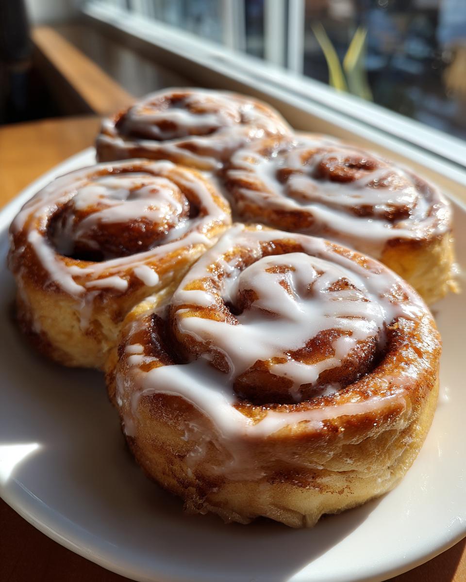 Four freshly baked Protein cinnamon rolls covered in white icing, sitting on a white plate near a bright window.