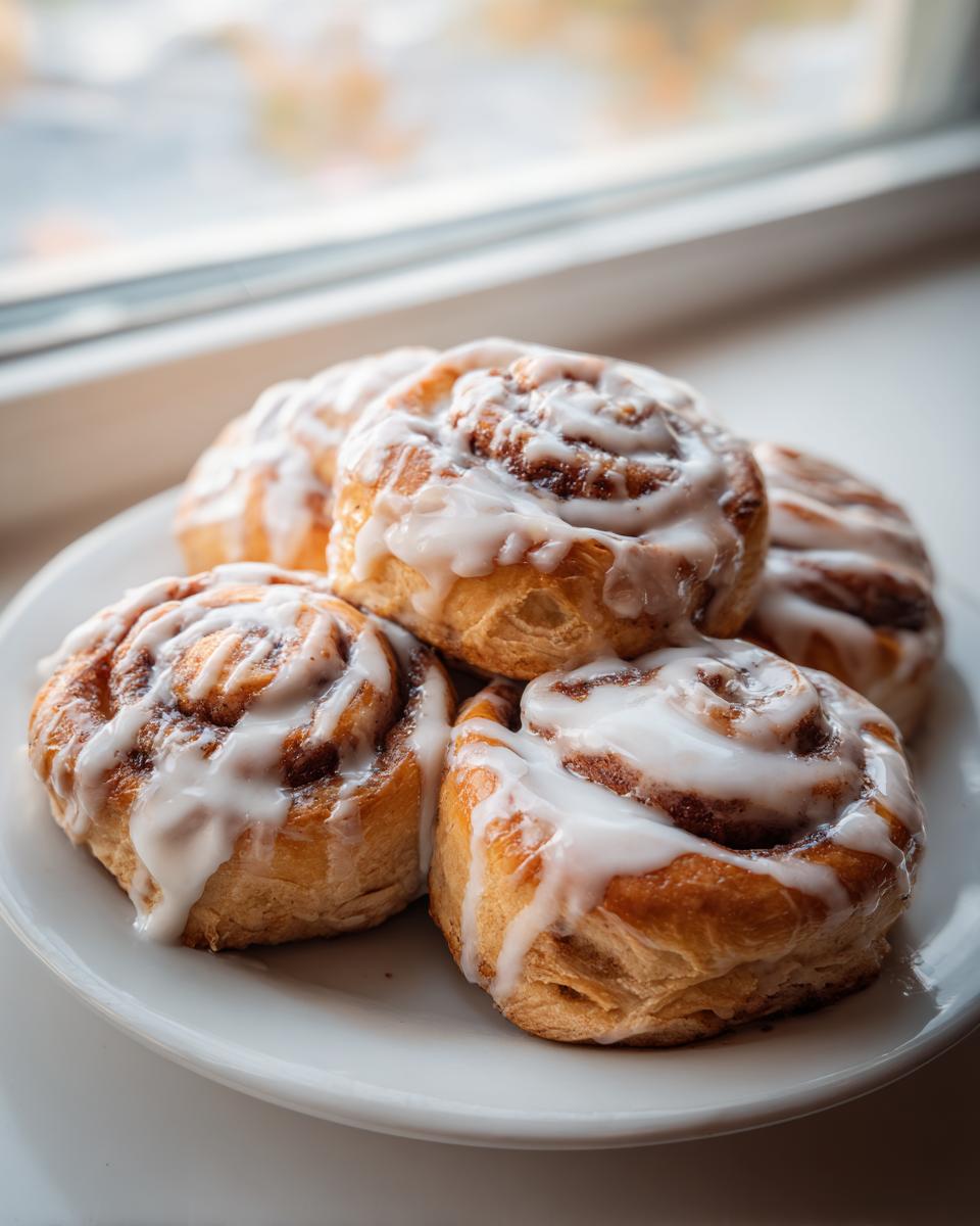 A stack of five fluffy Protein cinnamon rolls generously topped with white icing, sitting on a white plate near a bright window.