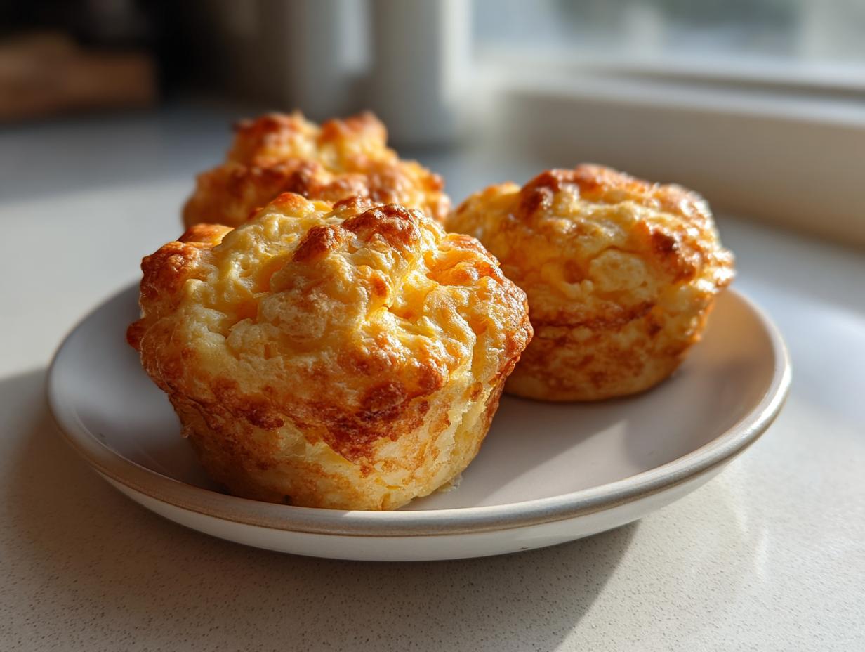 Three golden brown Cottage cheese egg bites served on a small, light-colored plate in bright sunlight.
