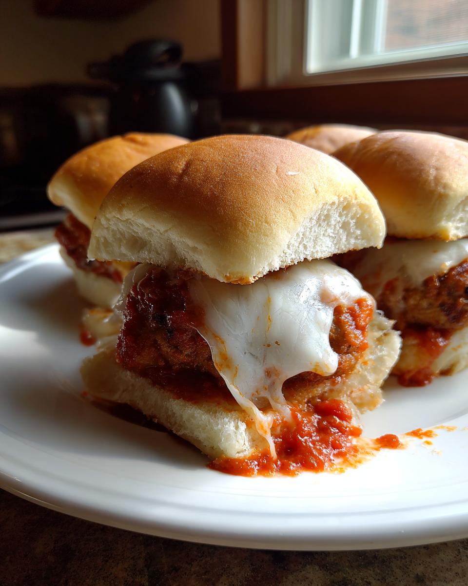 A close-up of a gooey Chicken parmesan sliders with melted mozzarella cheese dripping over marinara sauce.