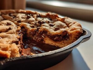 Close-up of a warm Chocolate Chip Skillet Cookie with a gooey, melted chocolate center in a cast iron pan.
