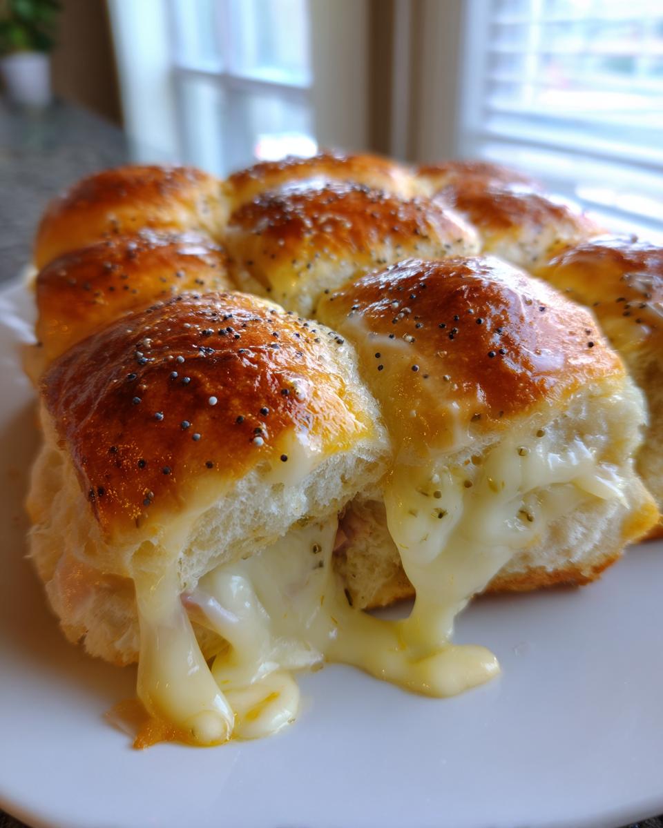 Close-up of gooey Ham and cheese sliders pulled apart showing melted cheese dripping out, topped with poppy seeds.