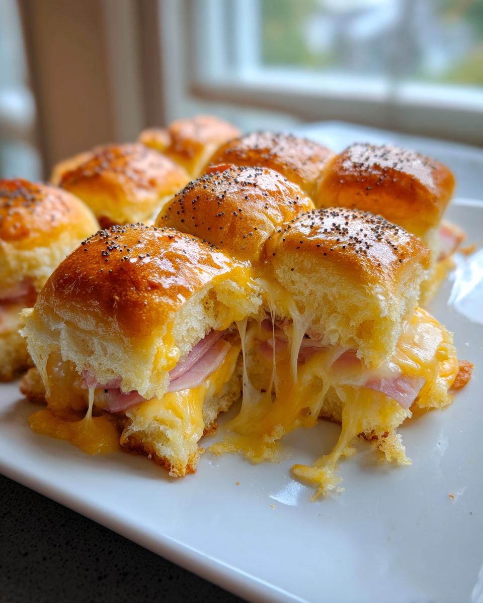 Close-up of gooey, melted Ham and Cheese sliders pulled apart, showing cheese stretch and poppy seed tops.