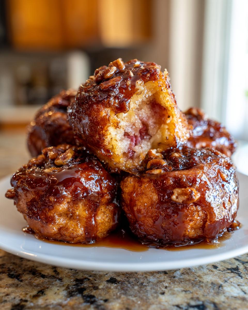 A stack of gooey, glazed Rhubarb sticky buns topped with pecans, one bun broken open to show the filling.