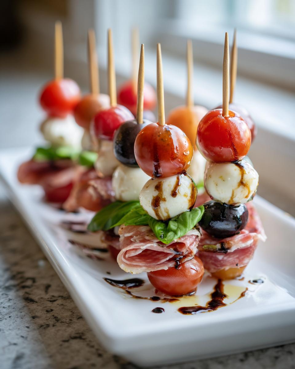 A row of delicious antipasto skewers featuring cherry tomatoes, mozzarella balls, olives, prosciutto, and basil, drizzled with balsamic glaze.