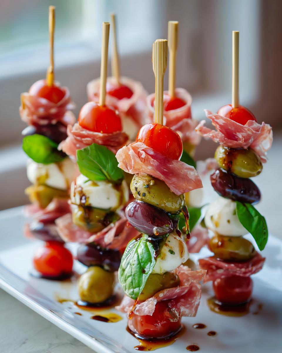 Close-up of several gourmet antipasto skewers featuring cherry tomatoes, mozzarella balls, olives, prosciutto, and basil, drizzled with balsamic glaze.