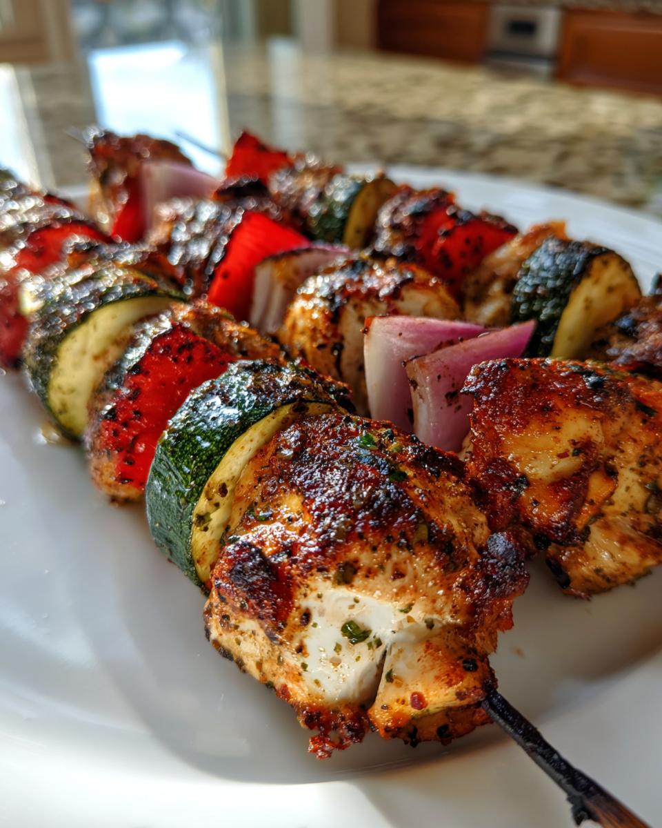Close-up of beautifully charred grilled chicken kabobs threaded with zucchini, red pepper, and red onion.