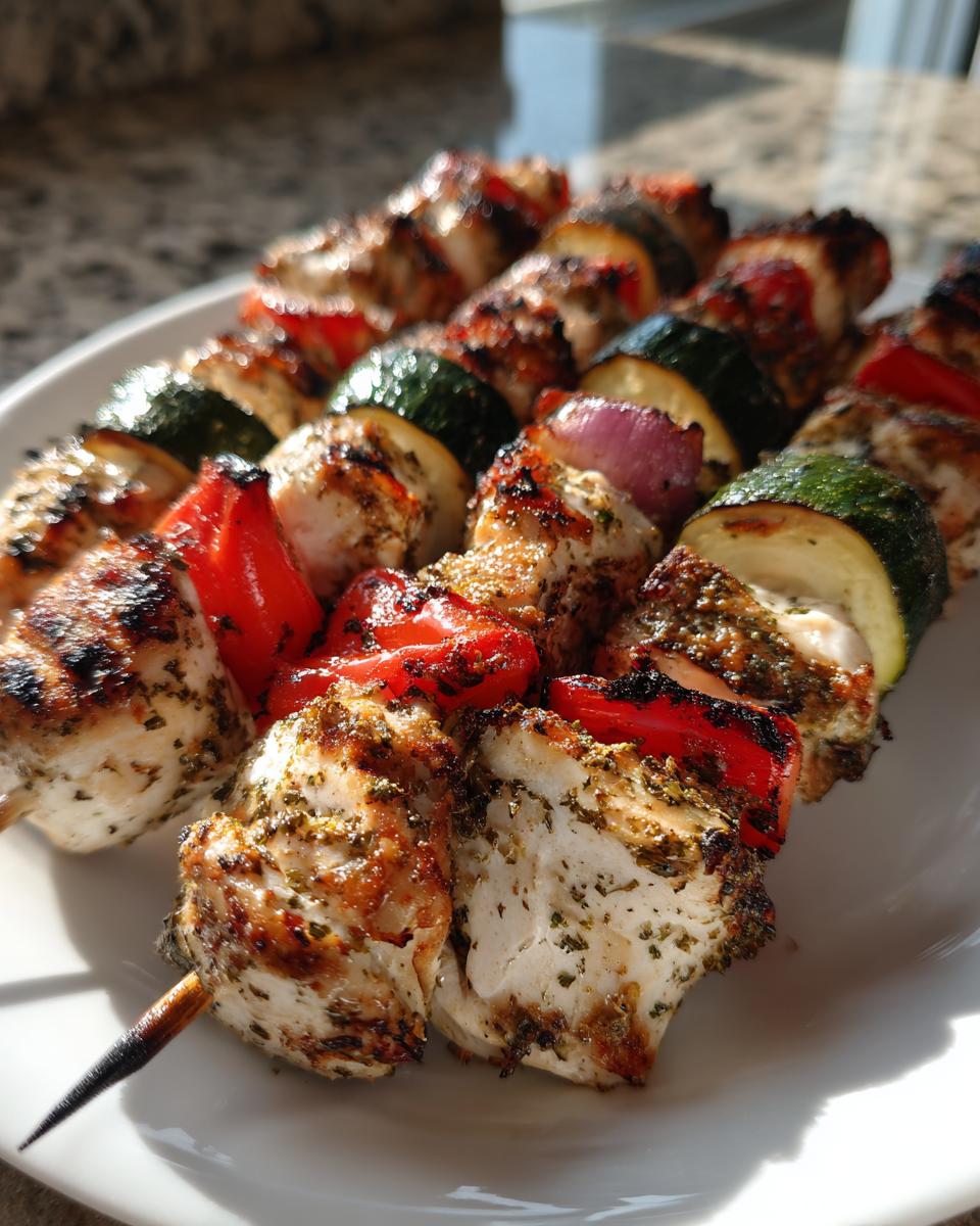 Close-up of perfectly grilled chicken kabobs featuring seasoned chicken, red peppers, zucchini, and red onion on skewers.