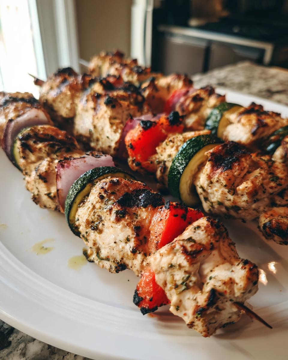 Close-up of several perfectly grilled chicken kabobs featuring seasoned chicken, red onion, zucchini, and red bell pepper on a white plate.