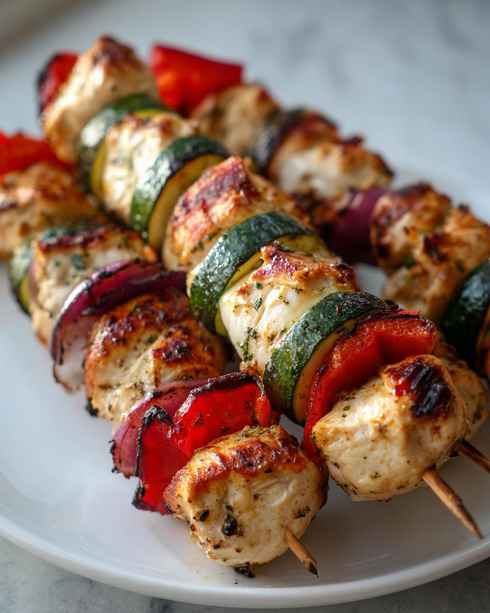 Close-up of seasoned, grilled chicken kabobs threaded with zucchini, red bell pepper, and red onion pieces.
