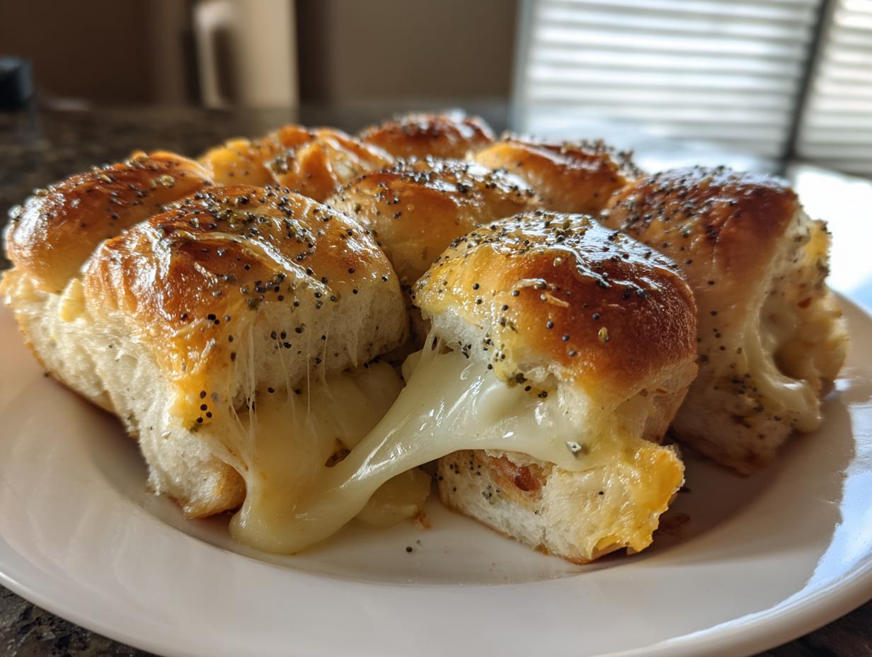 Close-up of baked ham and cheese sliders with a dramatic cheese pull, topped with poppy seeds.