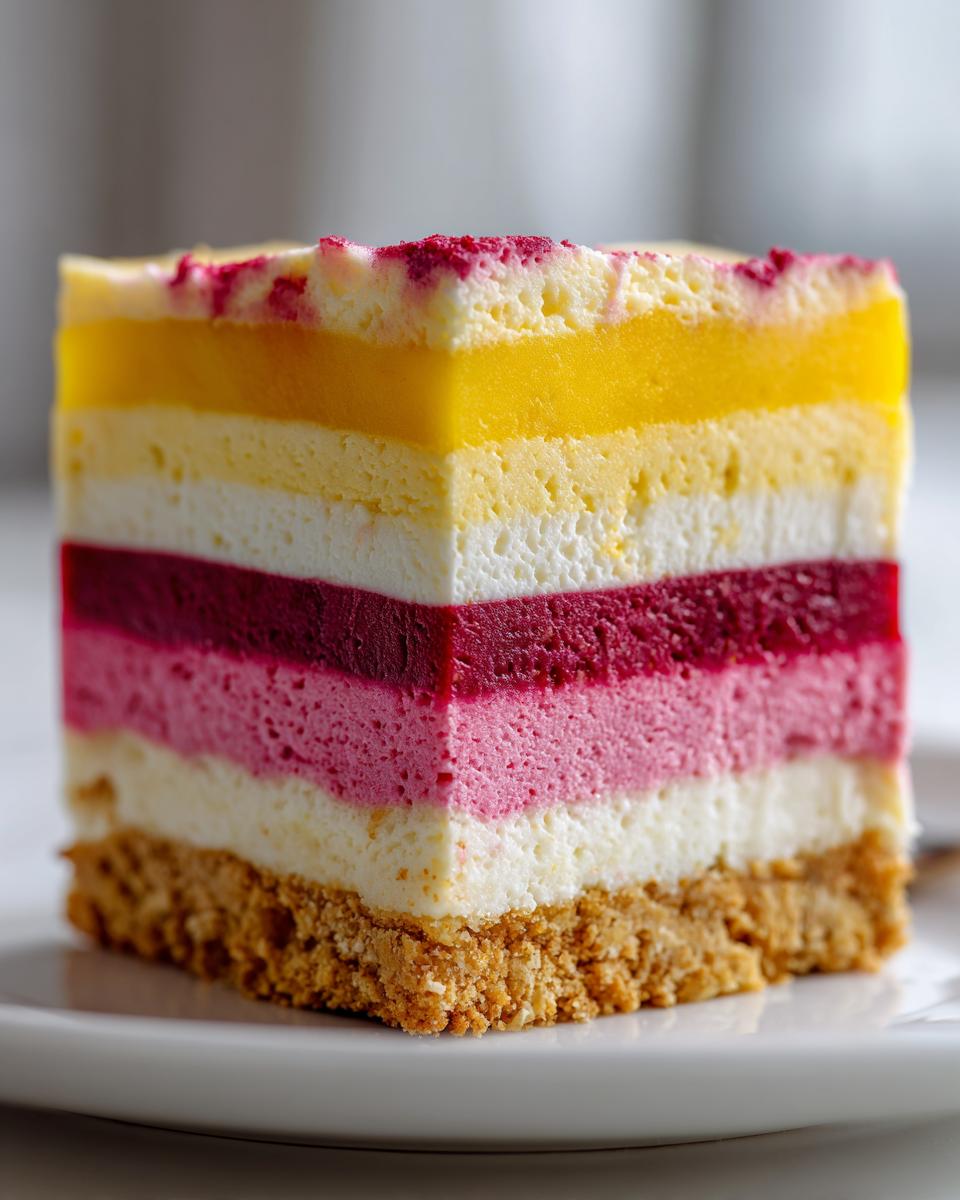 A perfect square slice of layered Lemon Raspberry Cheesecake showing graham cracker crust and colorful mousse layers.