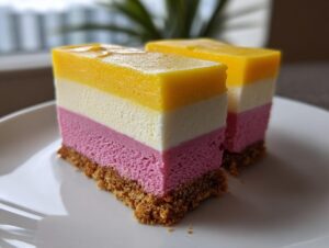 Two slices of layered Lemon Raspberry Cheesecake showing graham cracker crust, pink raspberry layer, white cream layer, and yellow lemon topping.