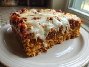 A thick square slice of leftover spaghetti bake topped with rich tomato sauce and gooey melted mozzarella cheese.