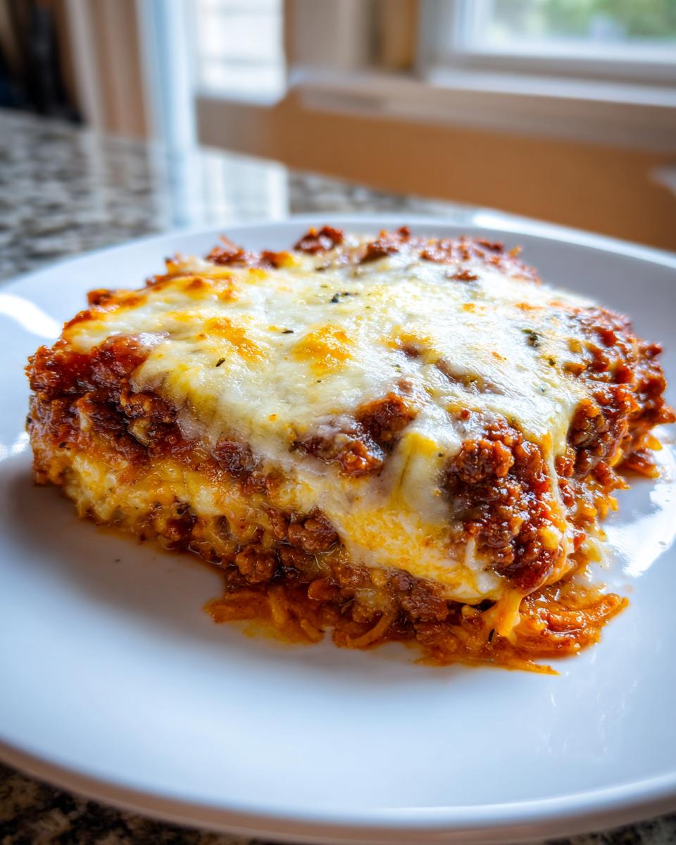 A close-up serving of Leftover spaghetti bake, featuring layers of meat sauce and a thick topping of melted, bubbly cheese.