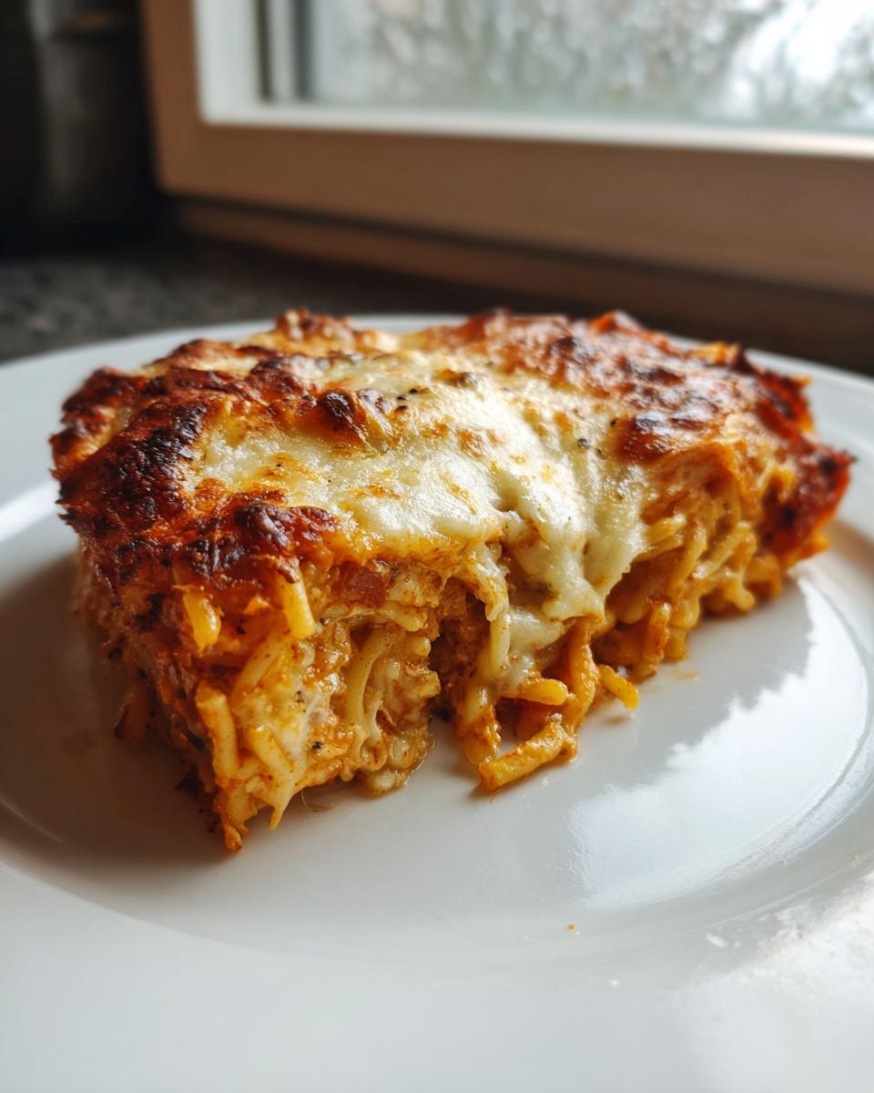 A close-up of a hearty slice of leftover spaghetti bake with a bubbly, browned cheese topping on a white plate.