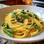 A tempting bowl of Lemon asparagus pasta tossed with bright green asparagus tips and topped with grated Parmesan cheese.