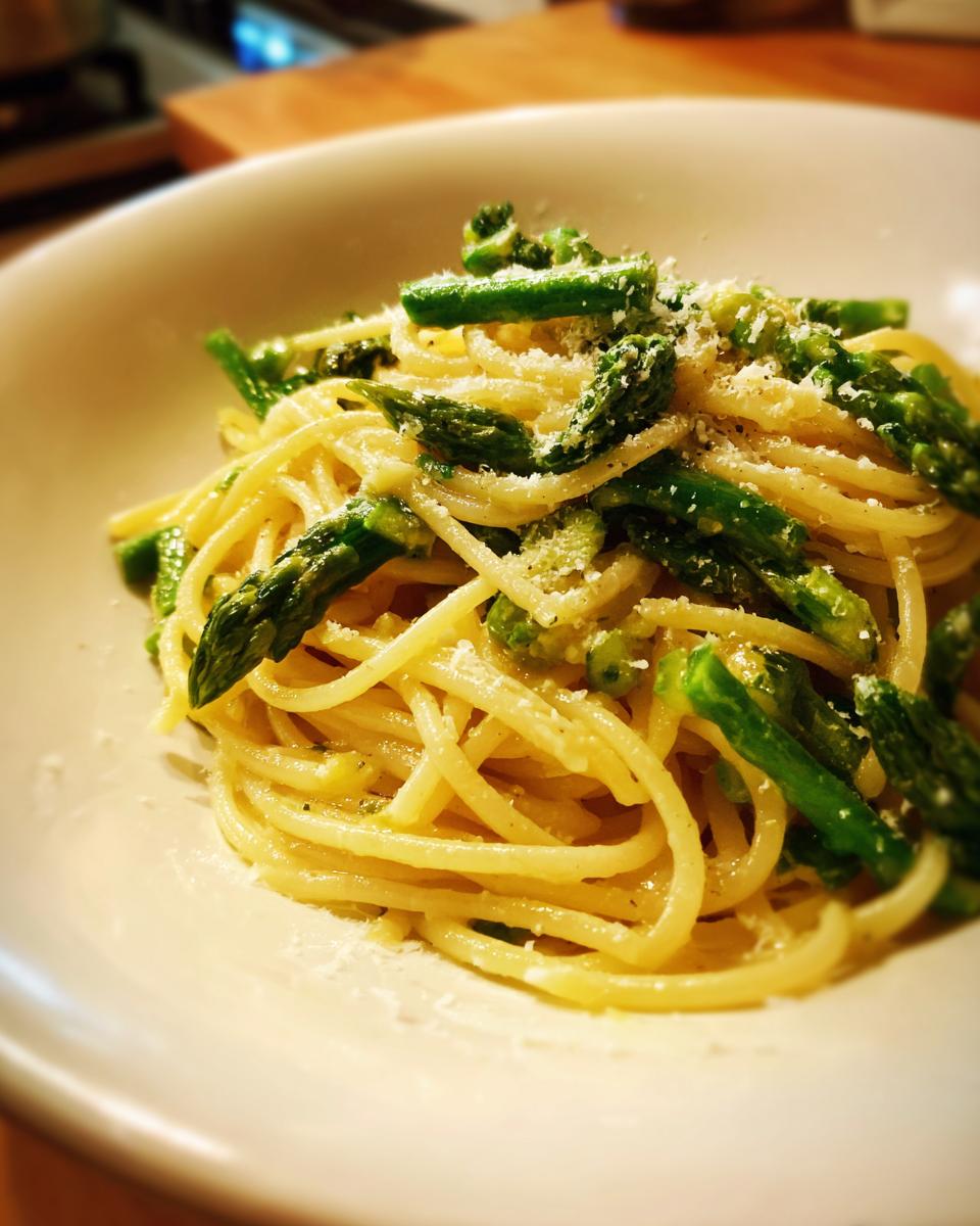 Close-up of a bowl of Lemon Asparagus Pasta tossed with bright green asparagus pieces and topped with grated Parmesan cheese.
