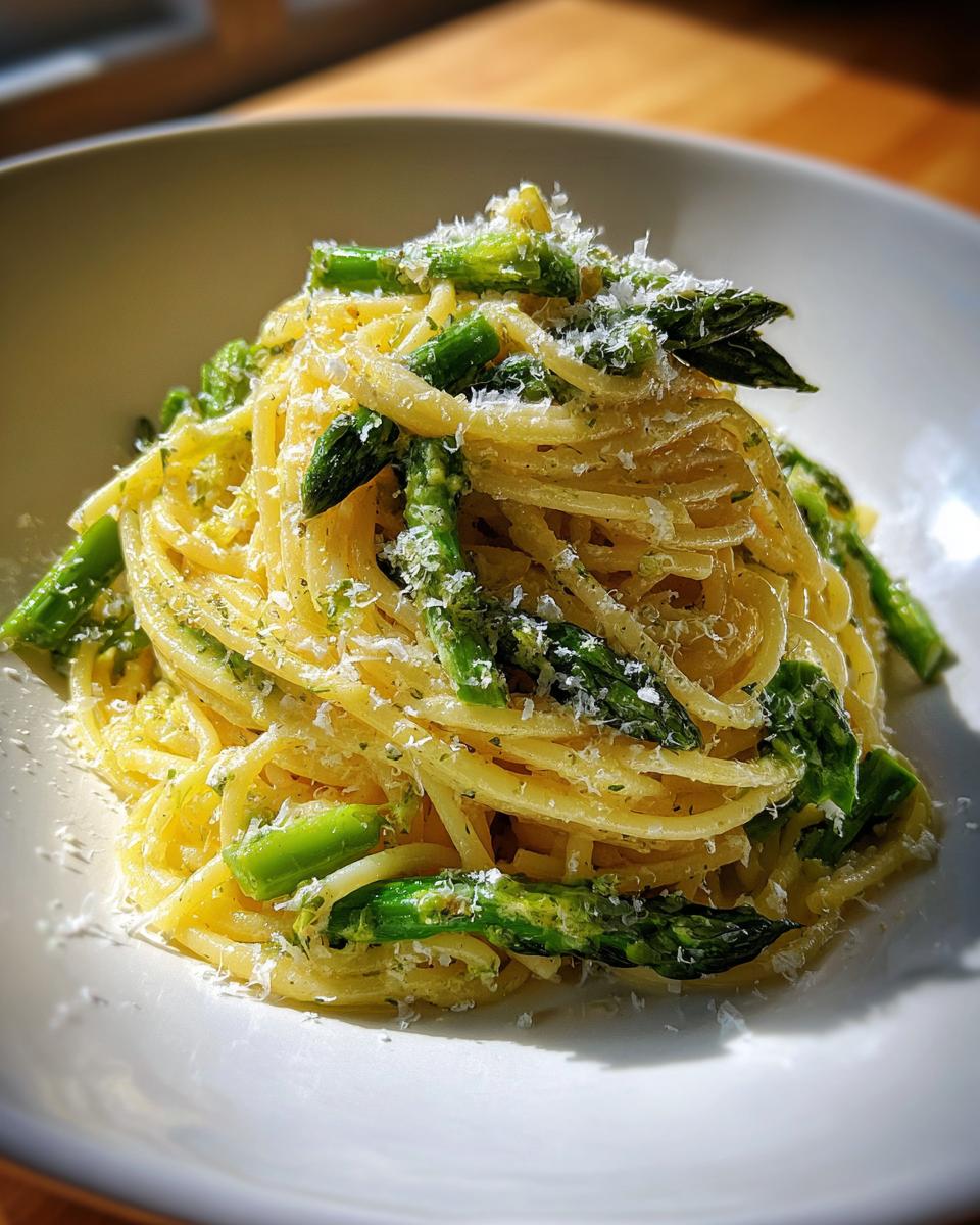 A close-up, bright photo of Lemon Asparagus Pasta tossed with bright green asparagus spears and topped with grated Parmesan.