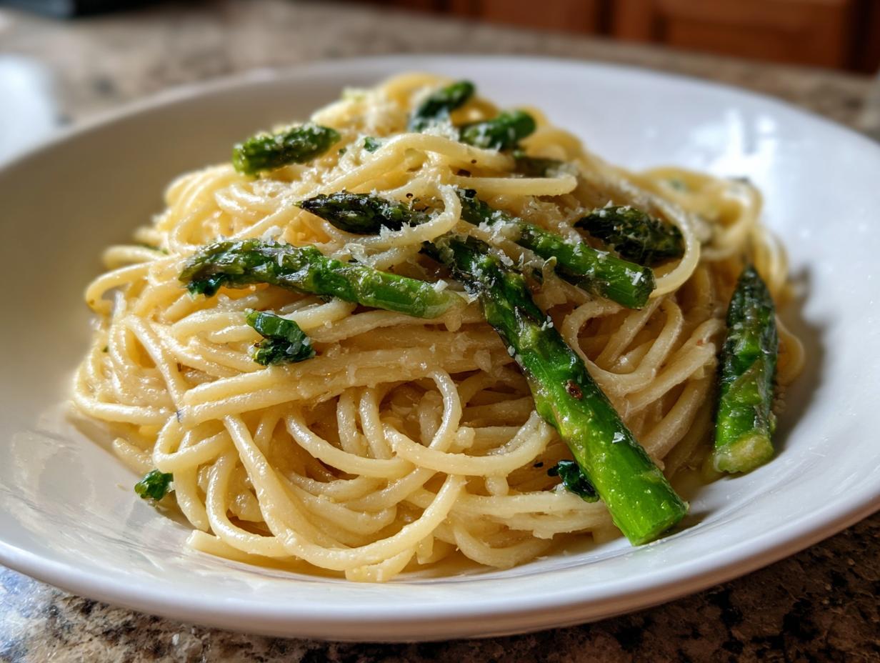 Close-up of a bowl of Lemon Asparagus Pasta tossed with bright green asparagus spears and grated Parmesan.
