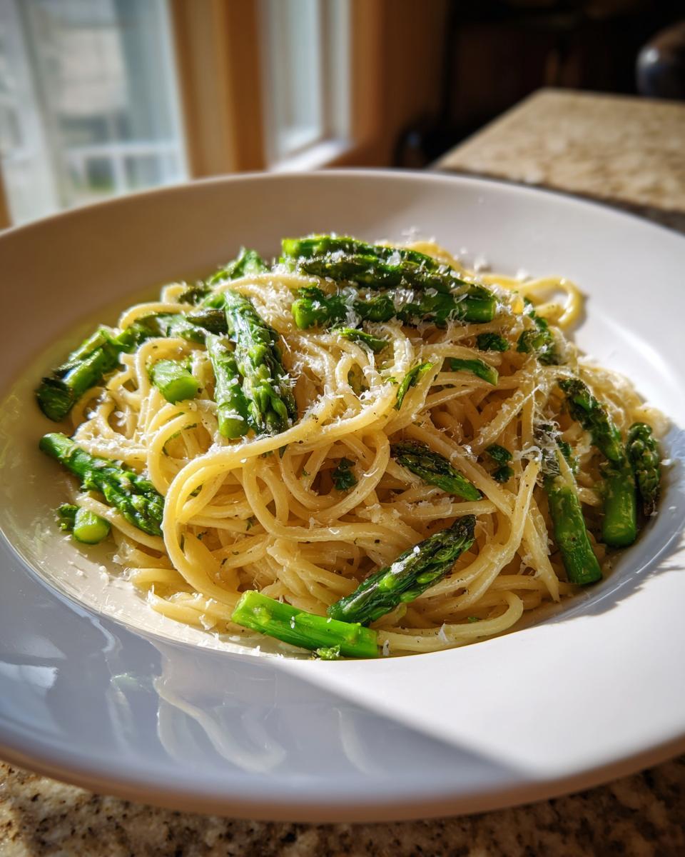 Close-up of bright Lemon Asparagus Pasta tossed with spaghetti, green asparagus pieces, and grated Parmesan cheese.