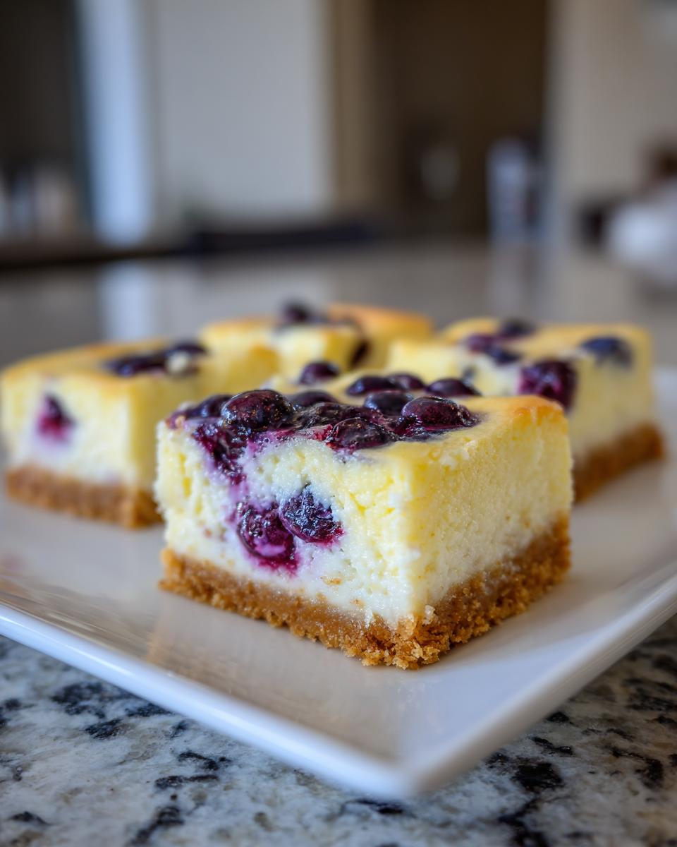 A close-up of thick, square Lemon Blueberry Cheesecake Bars with a graham cracker crust served on a white plate.