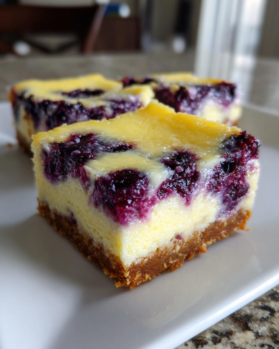 A close-up shot of a square Lemon Blueberry Cheesecake Bars slice showing the graham cracker crust, creamy filling, and swirled blueberries.