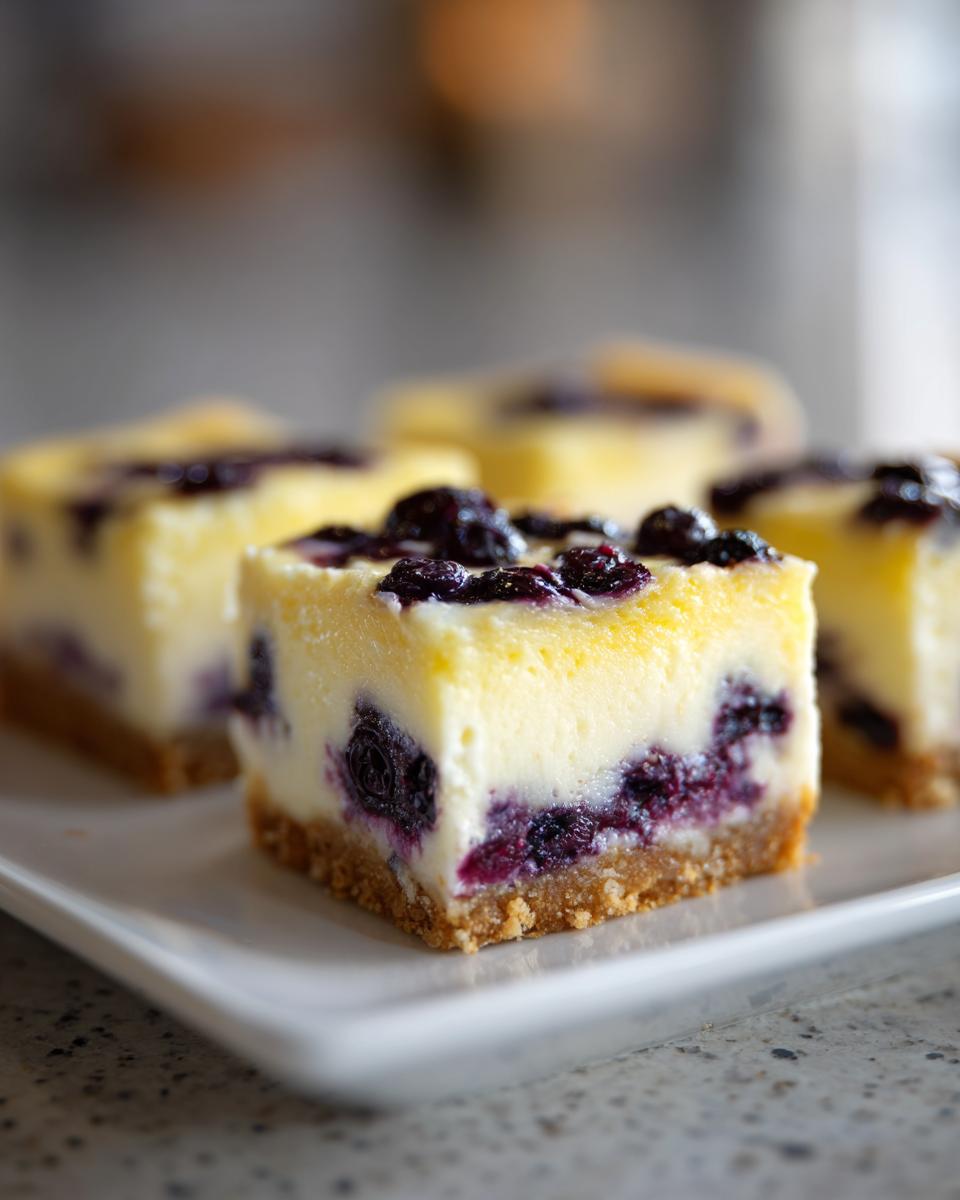 A close-up of a square Lemon Blueberry Cheesecake Bars piece with a graham cracker crust, topped with fresh blueberries.