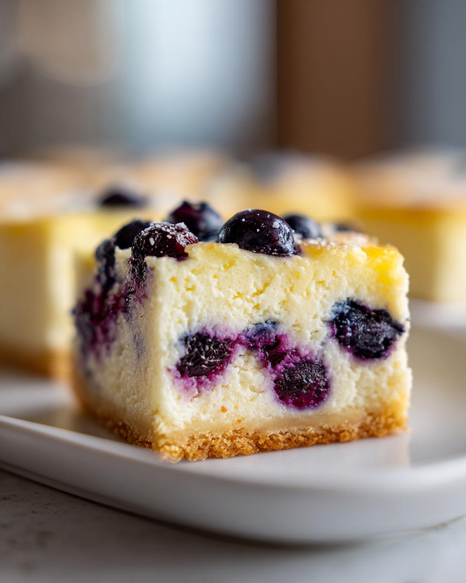 A close-up of a single serving of Lemon blueberry cheesecake bars showing a thick graham cracker crust and creamy filling studded with blueberries.