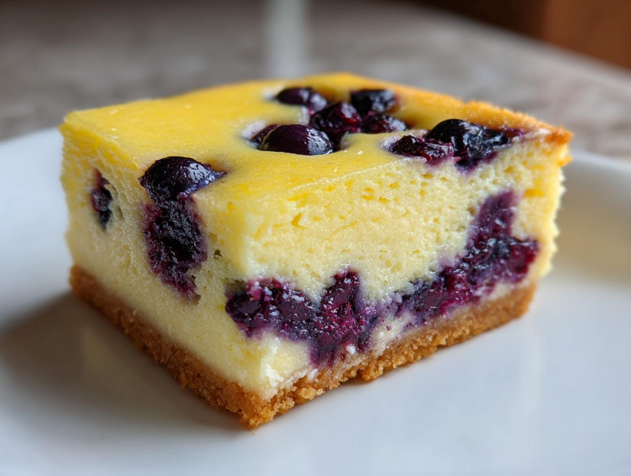 Close-up of a single, thick Lemon Blueberry Cheesecake Bars square on a white plate.