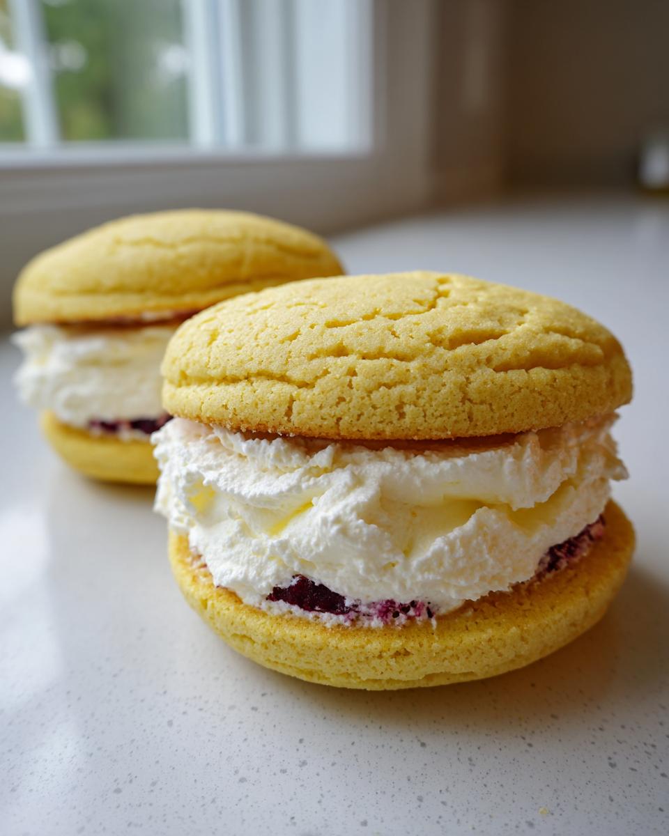 Two bright yellow Lemon blueberry whoopie pies filled generously with whipped cream and a hint of blueberry jam.