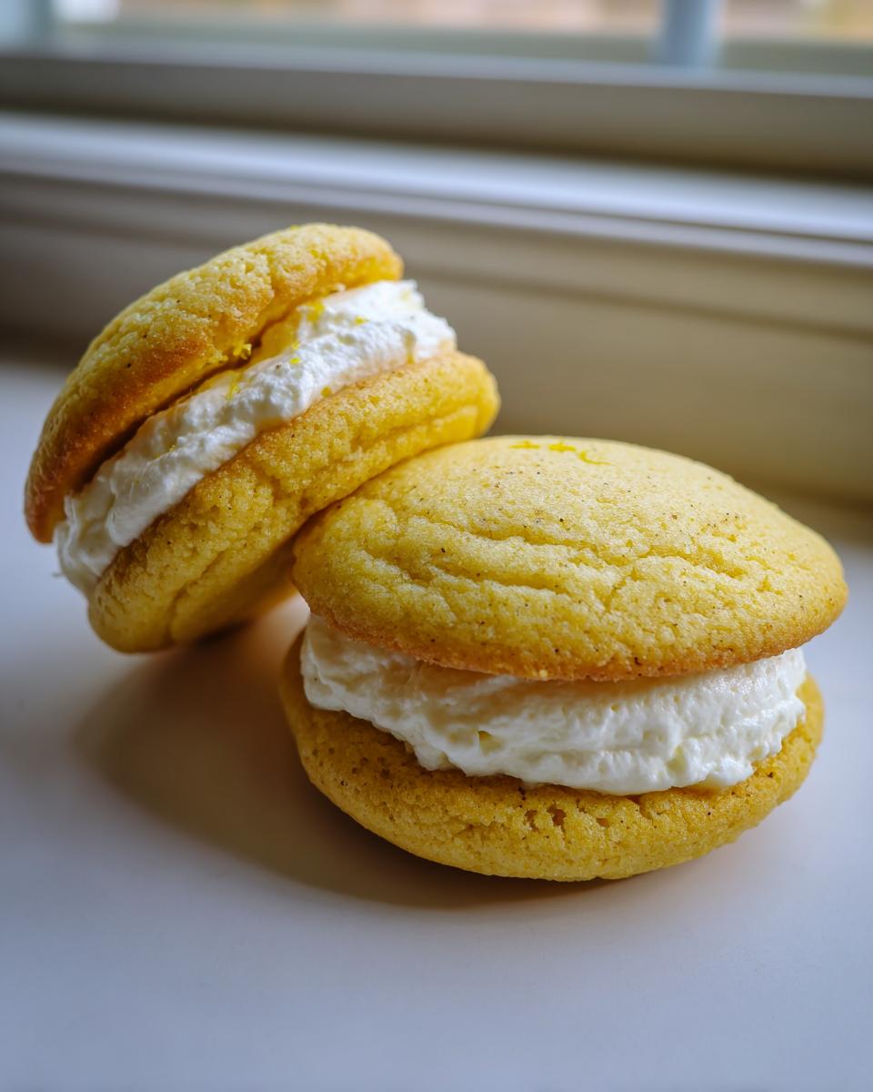 Two bright yellow Lemon blueberry whoopie pies filled generously with white cream frosting, set near a window.