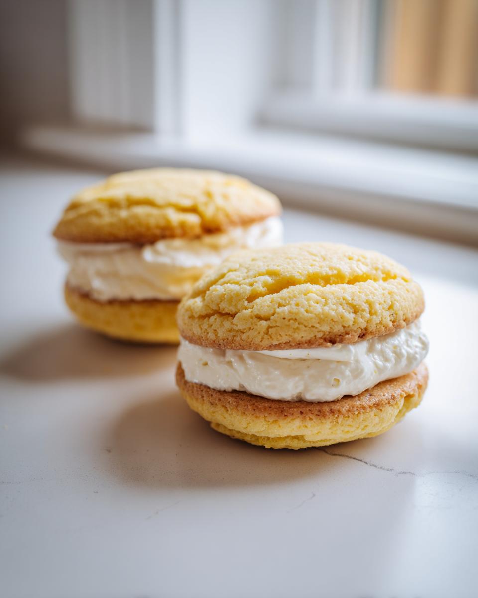 Two bright yellow Lemon blueberry whoopie pies filled generously with white cream frosting, sitting on a white countertop.